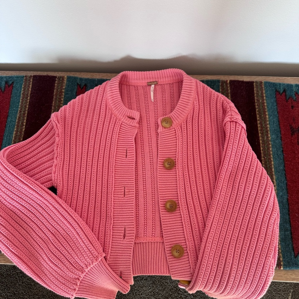 Free People Cropped Ribbed Button-Front Sweater Jacket in Pink
